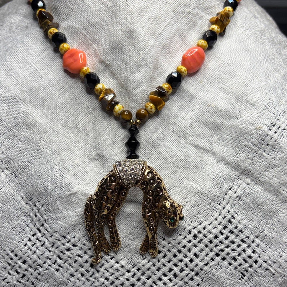 Gold Leopard Pendant Bead Necklace - Coral & Tiger Eye Accents
